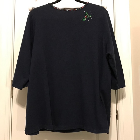 QF navy blue holiday 3/4 sleeve top with 3 blingy candles — sparkly! (2X) - Picture 3 of 16